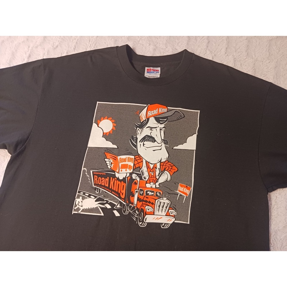 Vintage 90s Road King Trucker Print T-Shirt Mens XL Black USA Made Single Stitch